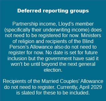 An image detailing some of the deferred reporting groups, namely Partnership income, Lloyd's members, ministers of religion, recipients of the blind person's allowance and recipients of the married couples' allowance.