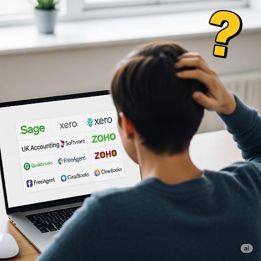 An SME owner looks puzzled at a computer screen with a list of accounting software packages to choose from