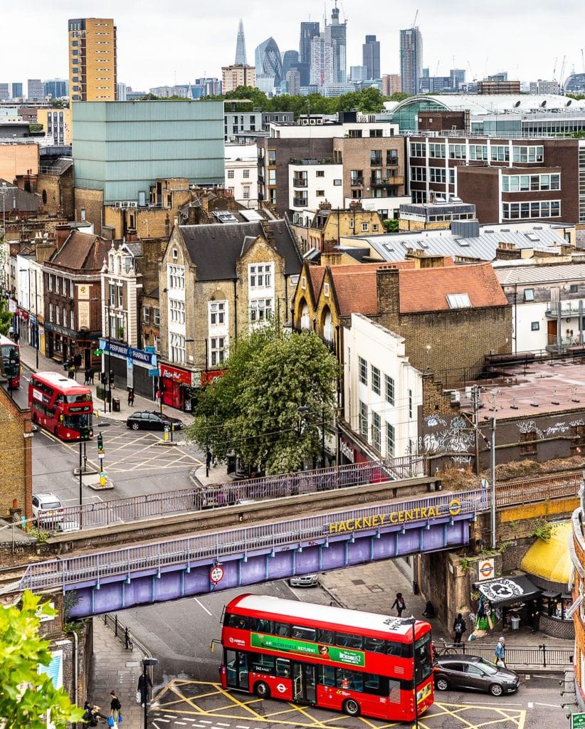 A photo of Hackney Centre from above. London buses, the Overground railway bridge and the London skyline are prominent.