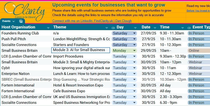 A screenshot of the live diary of London-focussed business events hosted on Google sheets.