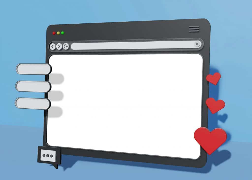 A computer generated image of a blank webpage with menu bars, comments and hearts representing satisfaction hovering around the edges.