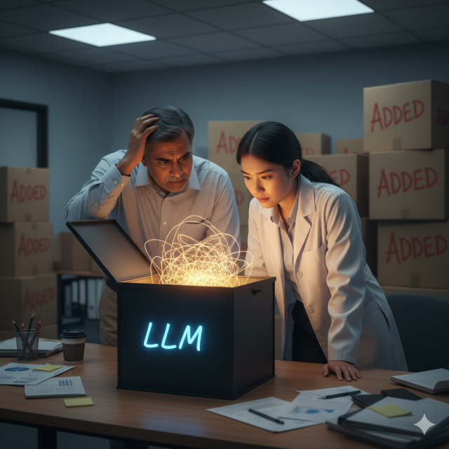 Two data scientists look with confusion into a black box marked LLM. Light rays leave the box and curve around each other as the box glows.