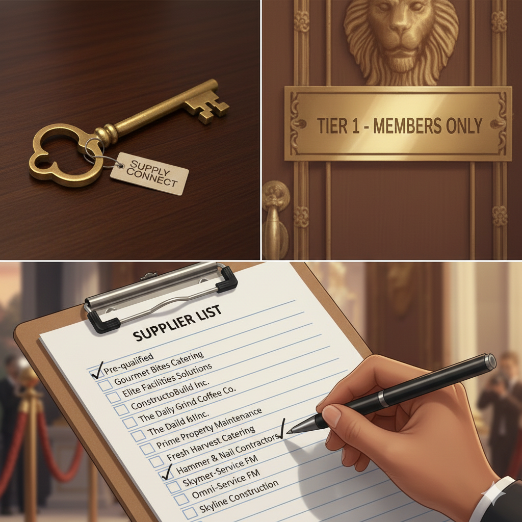 A 3 part image. In the top left a key, in the top right a door with a brass plaque, below a close up of a clipboard with a hand ticking off names.