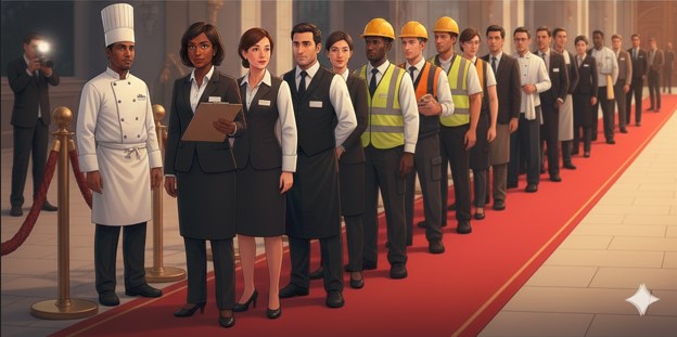 A red carpet leads up to the grand doors of the previous image. A queue of people dressed in ways that portray the food and drink and construction industries.