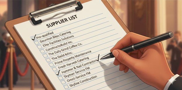 A close up of a clipboard. Behind are the same grand doors as the previous image but blurred. A hand is holding a pen and ticking off suppliers from the food and drink, construction and facilities management industries.