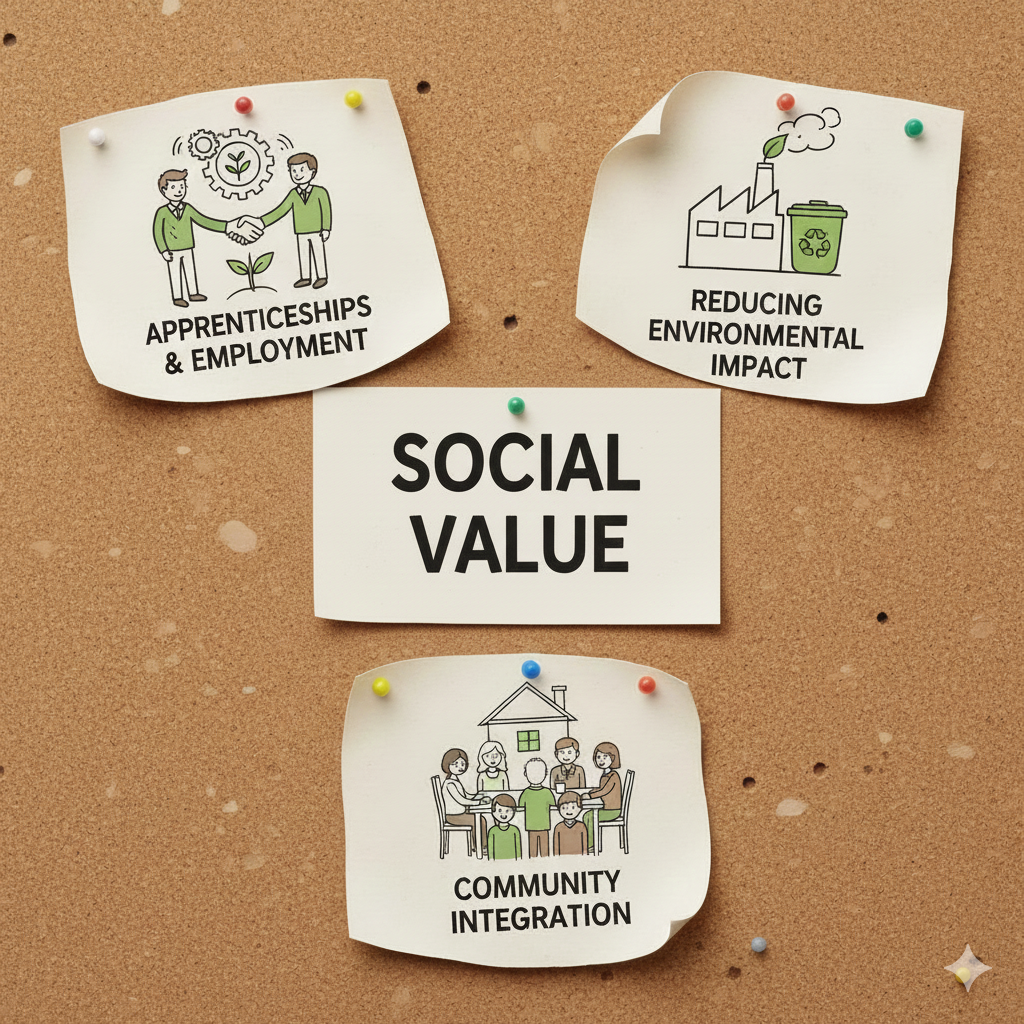 A close up of a cork board. In the centre is a piece of paper that reads SOCIAL VALUE. Around it are pinned 3 other pieces of paper with line drawn images of Apprenticeships & Employment, Reducing Environmental Impact and Community Integration.