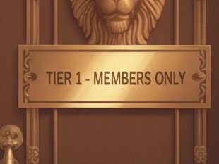 A close up of the grand doors. The lower part of a brass lion's head is shown in the top third of the picture. In the centre is a brass plaque reading TIER 1 - MEMBERS ONLY.