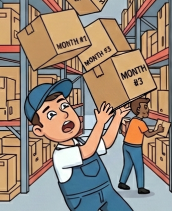 A cartoon image of a warehouse worker trying to juggle boxes of different sizes. The boxes are labelled MONTH #1, MONTH #3. 