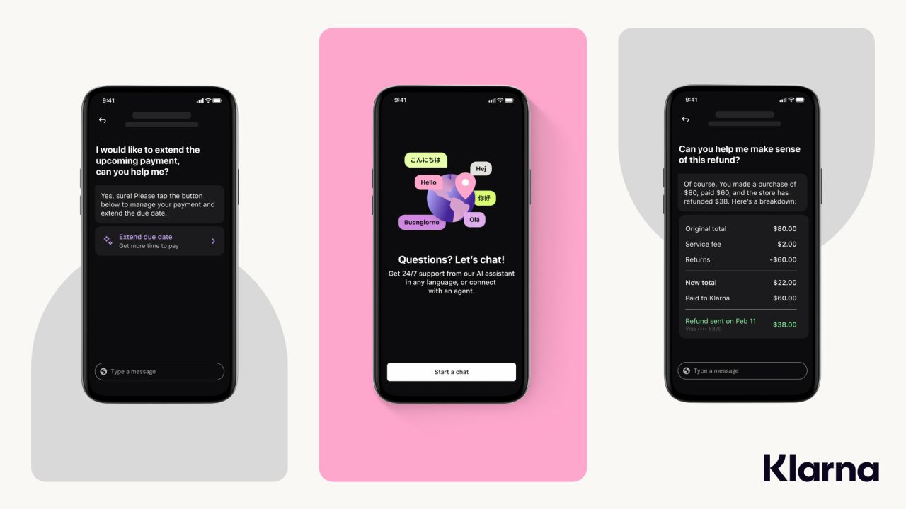 Three images of a mobile phone side by side with conversations a customer could have with the AI agent to resolve their queries. Klarna branded.