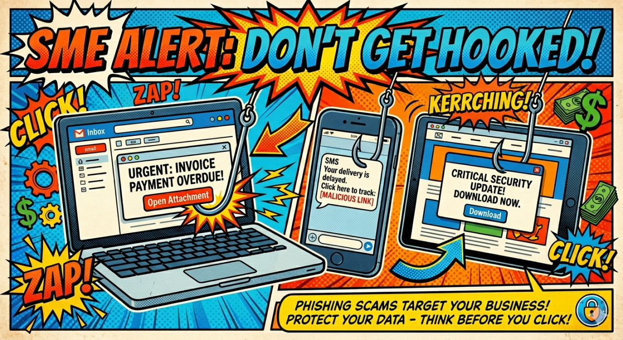 A pop art style image of common cybersecurity threats. A number of devices are being shown with urgent messaging, fishing hooks and comic strip action words such as 'ZAP!' and 'CLICK!'