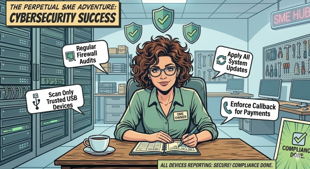 A small business owner sitting at a desk with a workshop behind her. She is calm and has pop art messages of completed cybersecurity tasks.