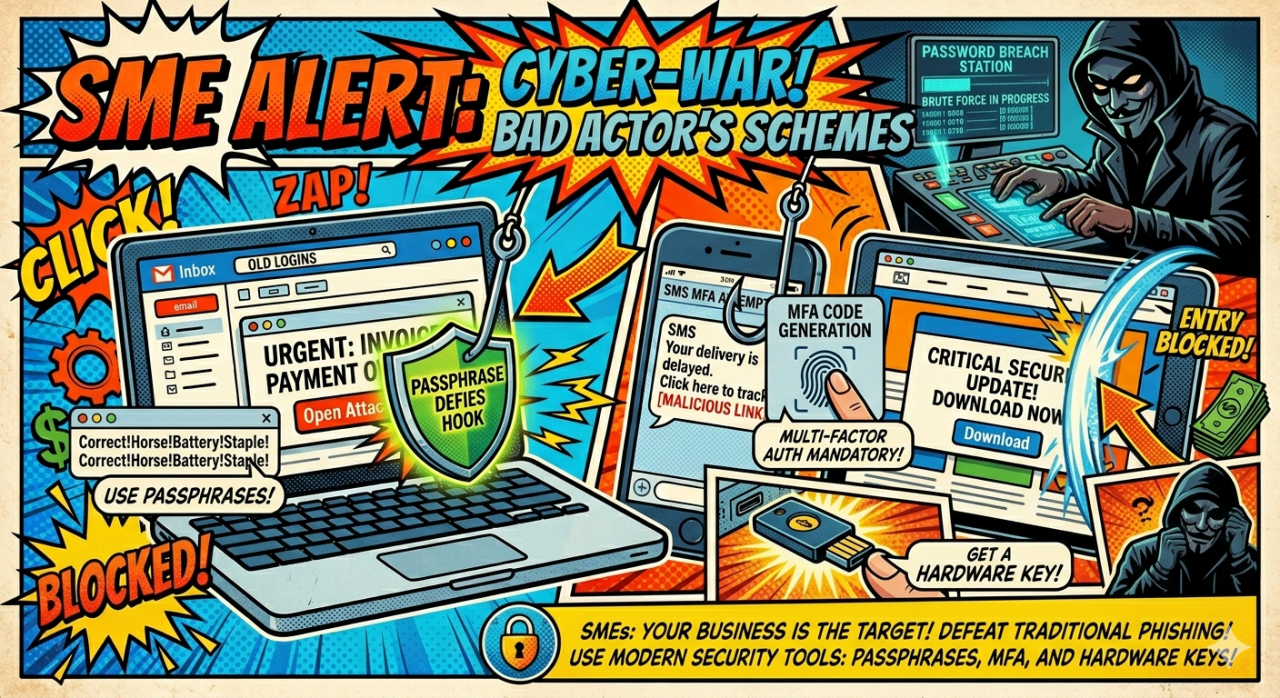 A similar pop art style image to the previous image. A number of devices are shown with various tools being used to prevent the scams.