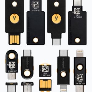 A serires of Harware Security Key products from Yubisoft. They look like thumb drives of various sizes with Yubisoft branding.